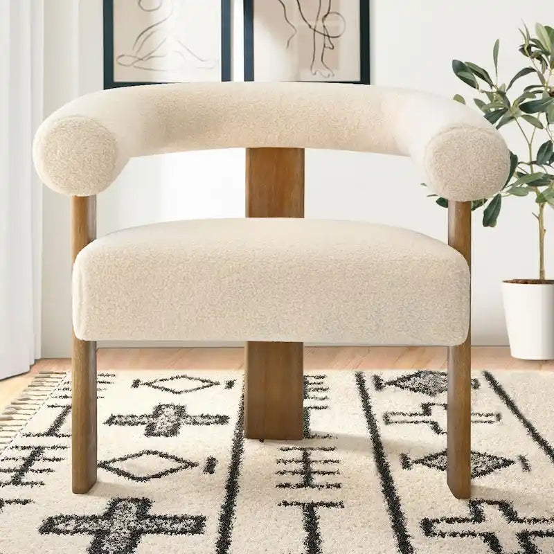 Fauteuil d'appoint en bouclette beige, dossier ouvert incurvé, une place