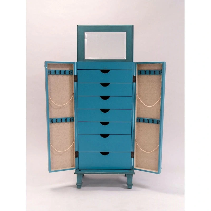 Armoire à bijoux turquoise peinte à la main – Monobloc, autoportante