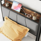 Cadre de lit double noir avec tête de lit de rangement et station de recharge, 1 personne