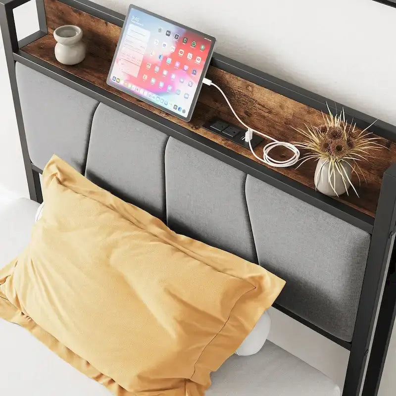 Cadre de lit double noir avec tête de lit de rangement et station de recharge, 1 personne