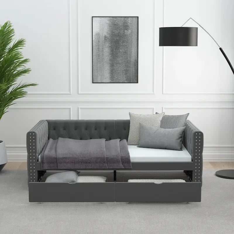 Lit de repos double en velours capitonné gris/beige avec 2 tiroirs, 1 place