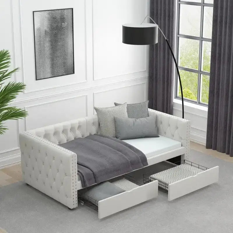 Lit de repos double en velours capitonné gris/beige avec 2 tiroirs, 1 place