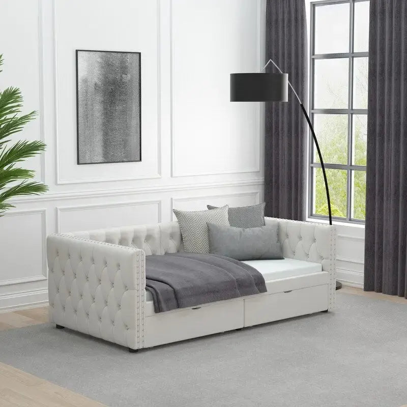 Lit de repos double en velours capitonné gris/beige avec 2 tiroirs, 1 place
