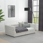 Lit de repos double en velours capitonné gris/beige avec 2 tiroirs, 1 place