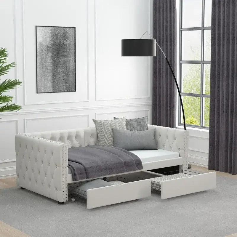 Lit de repos double en velours capitonné gris/beige avec 2 tiroirs, 1 place