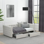 Lit de repos double en velours capitonné gris/beige avec 2 tiroirs, 1 place