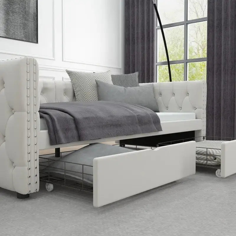 Lit de repos double en velours capitonné gris/beige avec 2 tiroirs, 1 place