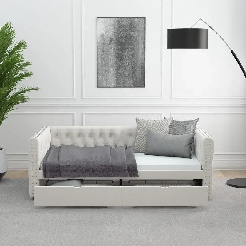 Lit de repos double en velours capitonné gris/beige avec 2 tiroirs, 1 place