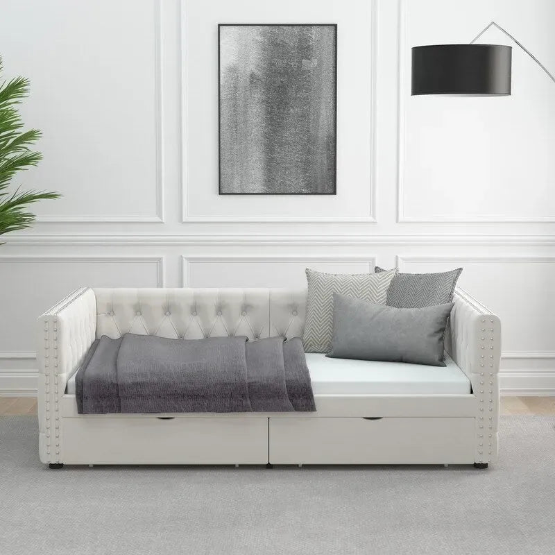 Lit de repos double en velours capitonné gris/beige avec 2 tiroirs, 1 place