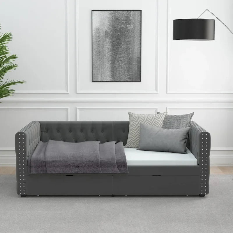 Lit de repos double en velours capitonné gris/beige avec 2 tiroirs, 1 place
