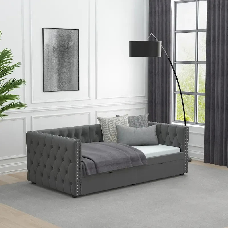 Lit de repos double en velours capitonné gris/beige avec 2 tiroirs, 1 place