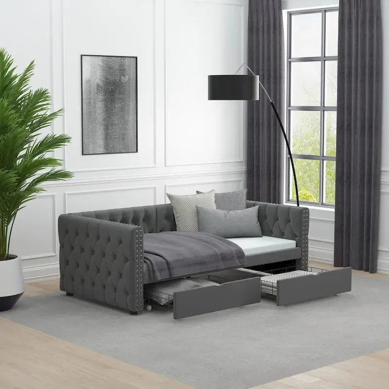Lit de repos double en velours capitonné gris/beige avec 2 tiroirs, 1 place