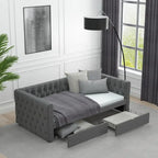 Lit de repos double en velours capitonné gris/beige avec 2 tiroirs, 1 place