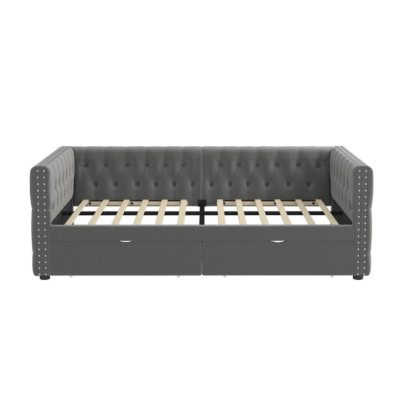 Lit de repos double en velours capitonné gris/beige avec 2 tiroirs, 1 place