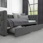 Lit de repos double en velours capitonné gris/beige avec 2 tiroirs, 1 place