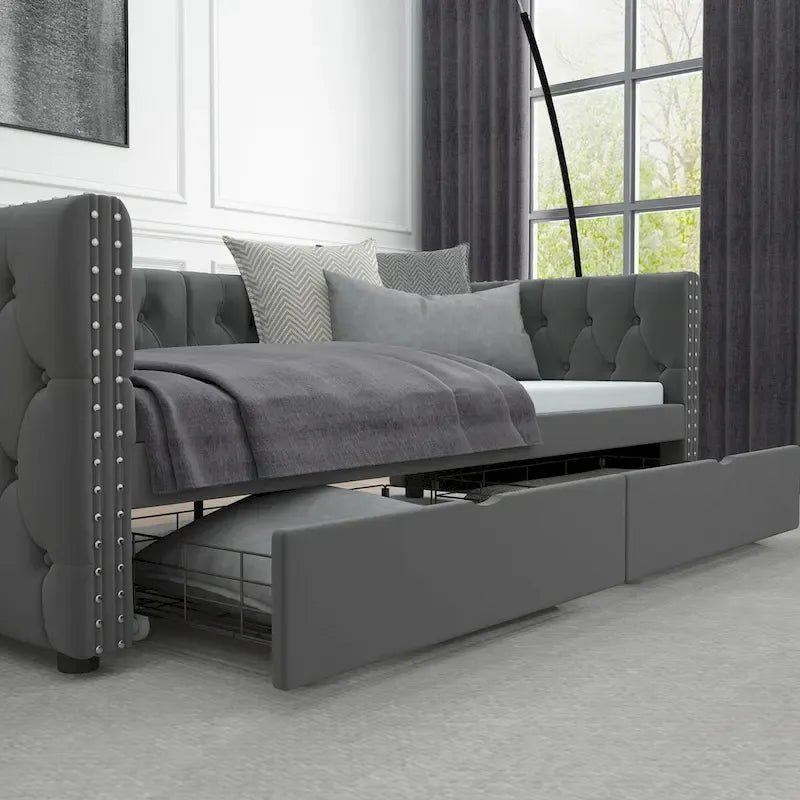 Lit de repos double en velours capitonné gris/beige avec 2 tiroirs, 1 place