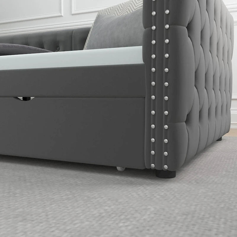 Lit de repos double en velours capitonné gris/beige avec 2 tiroirs, 1 place
