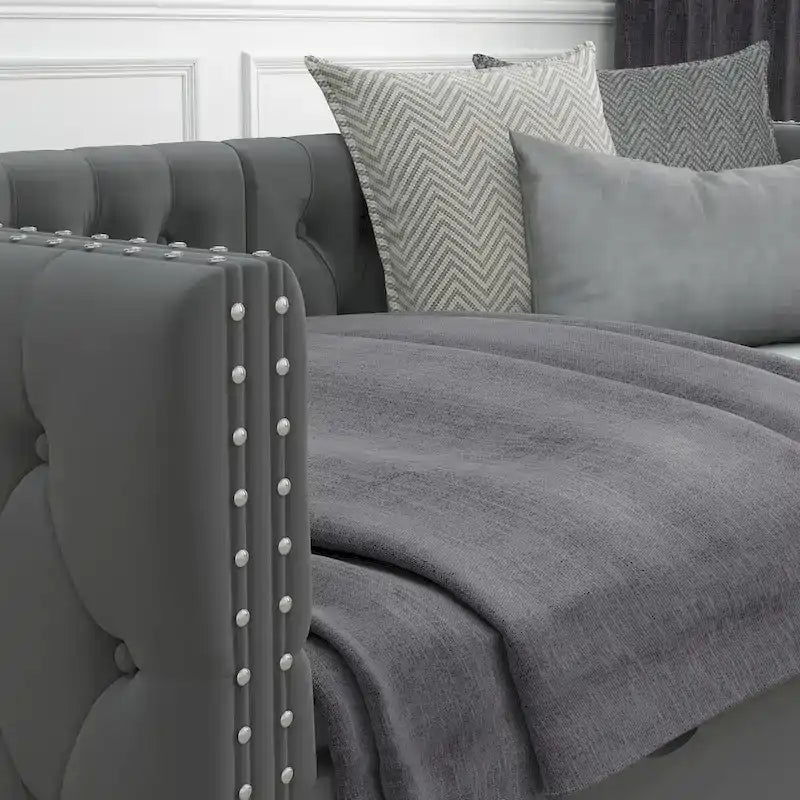 Lit de repos double en velours capitonné gris/beige avec 2 tiroirs, 1 place
