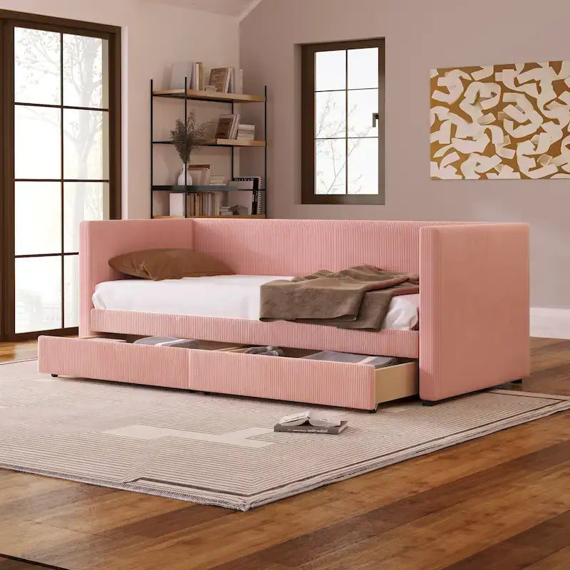 Lit de repos jumeau en velours côtelé rose/bleu/gris/beige avec 2 tiroirs, pour 1 personne