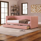 Lit de repos jumeau en velours côtelé rose/bleu/gris/beige avec 2 tiroirs, pour 1 personne