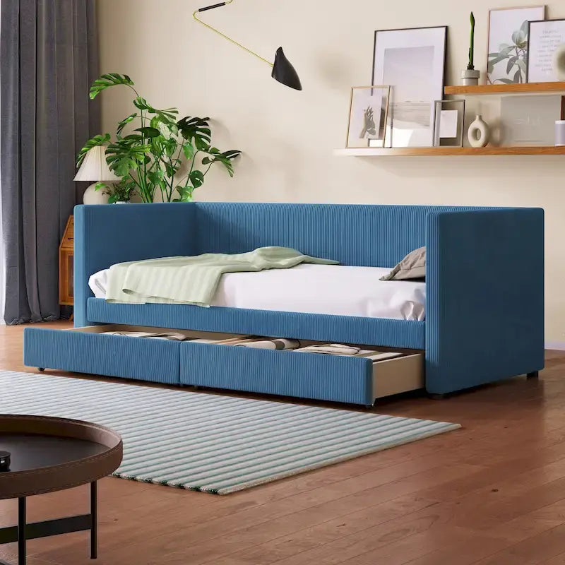 Lit de repos jumeau en velours côtelé rose/bleu/gris/beige avec 2 tiroirs, pour 1 personne