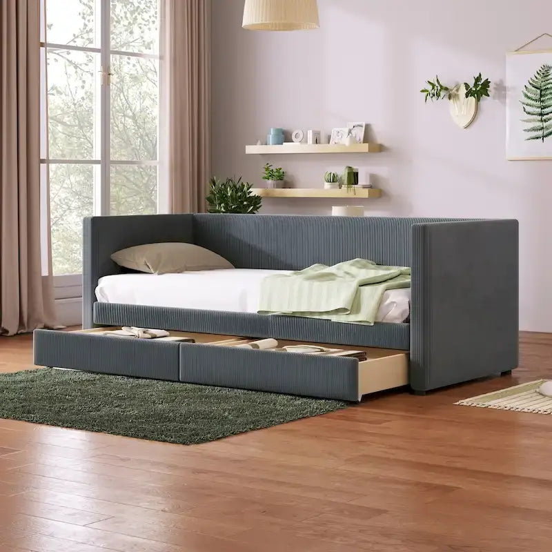 Lit de repos jumeau en velours côtelé rose/bleu/gris/beige avec 2 tiroirs, pour 1 personne