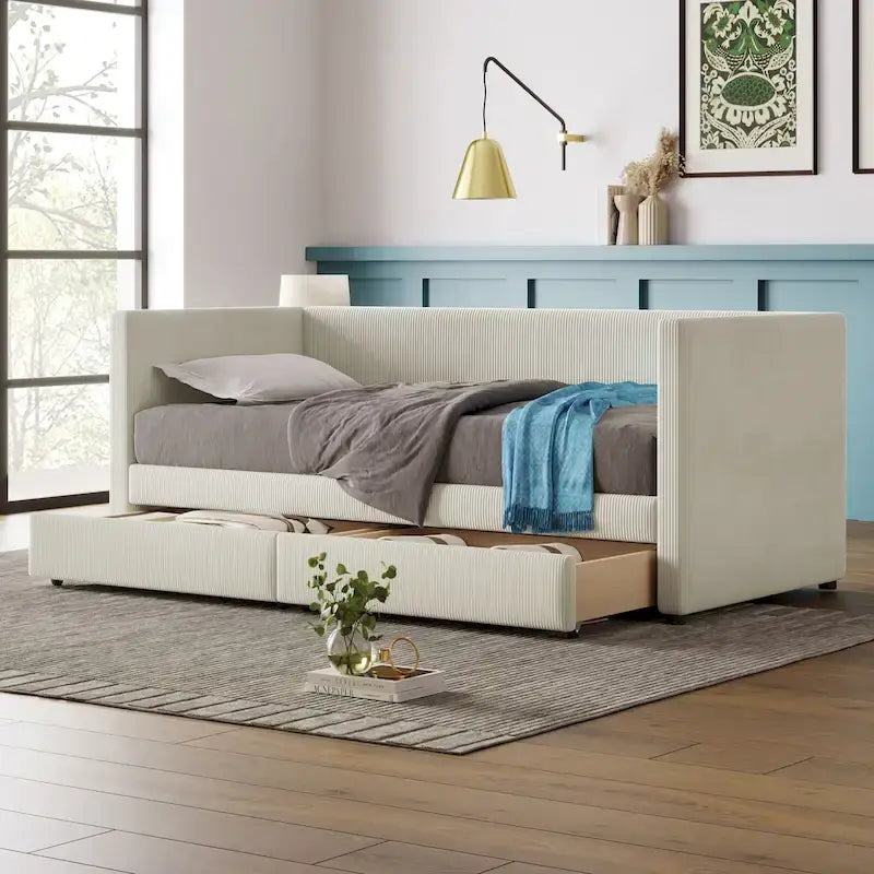 Lit de repos jumeau en velours côtelé rose/bleu/gris/beige avec 2 tiroirs, pour 1 personne
