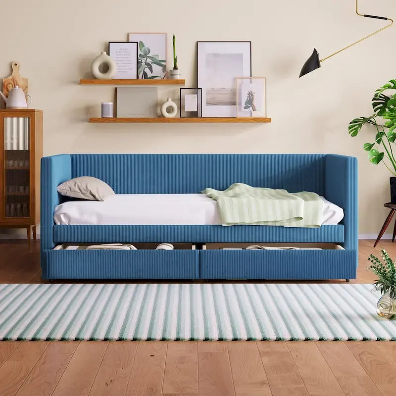 Lit de repos jumeau en velours côtelé rose/bleu/gris/beige avec 2 tiroirs, pour 1 personne