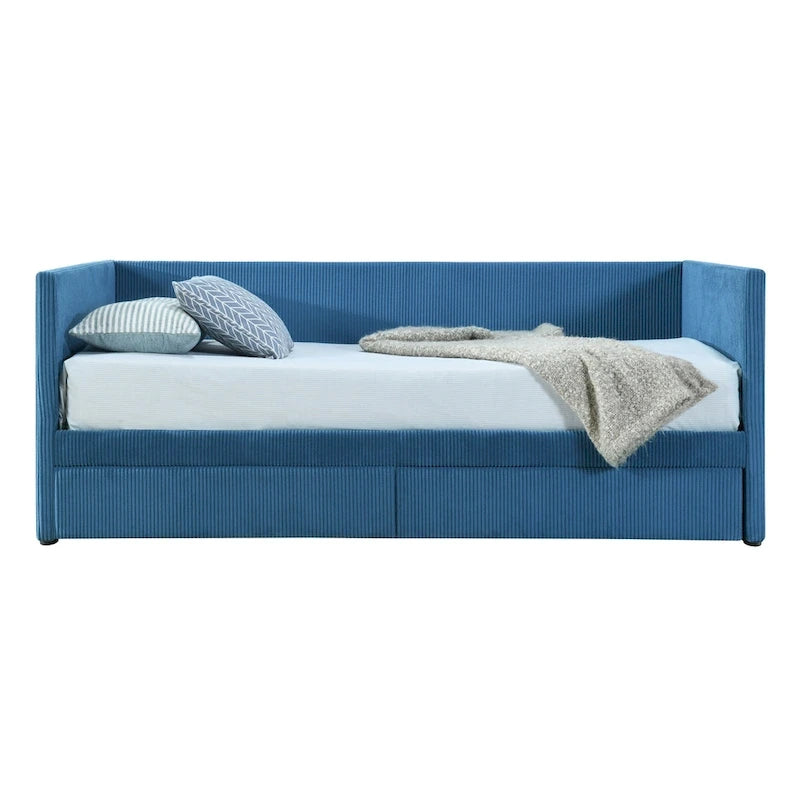 Lit de repos jumeau en velours côtelé rose/bleu/gris/beige avec 2 tiroirs, pour 1 personne