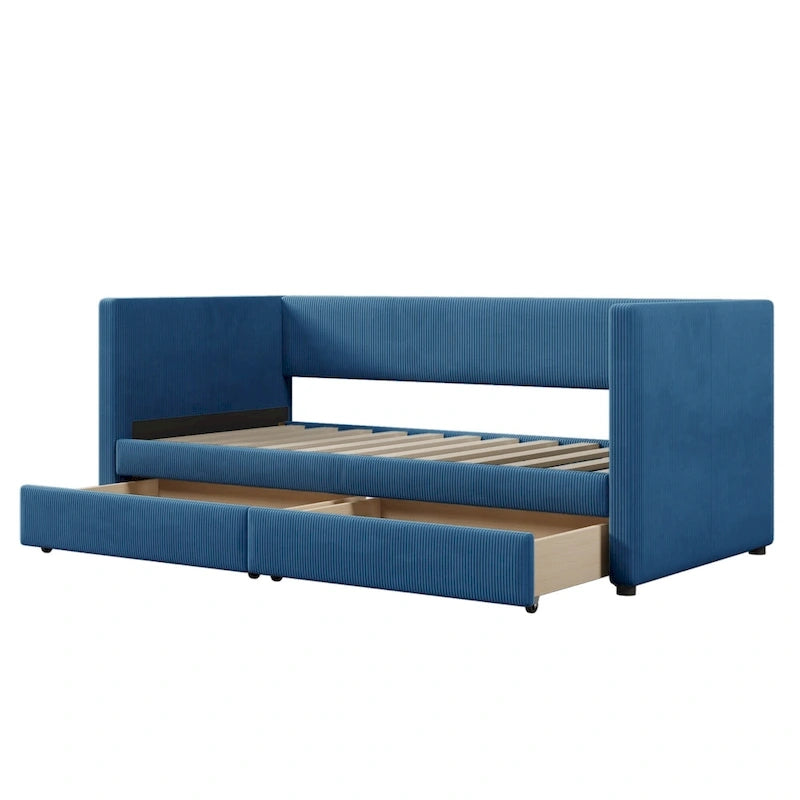 Lit de repos jumeau en velours côtelé rose/bleu/gris/beige avec 2 tiroirs, pour 1 personne
