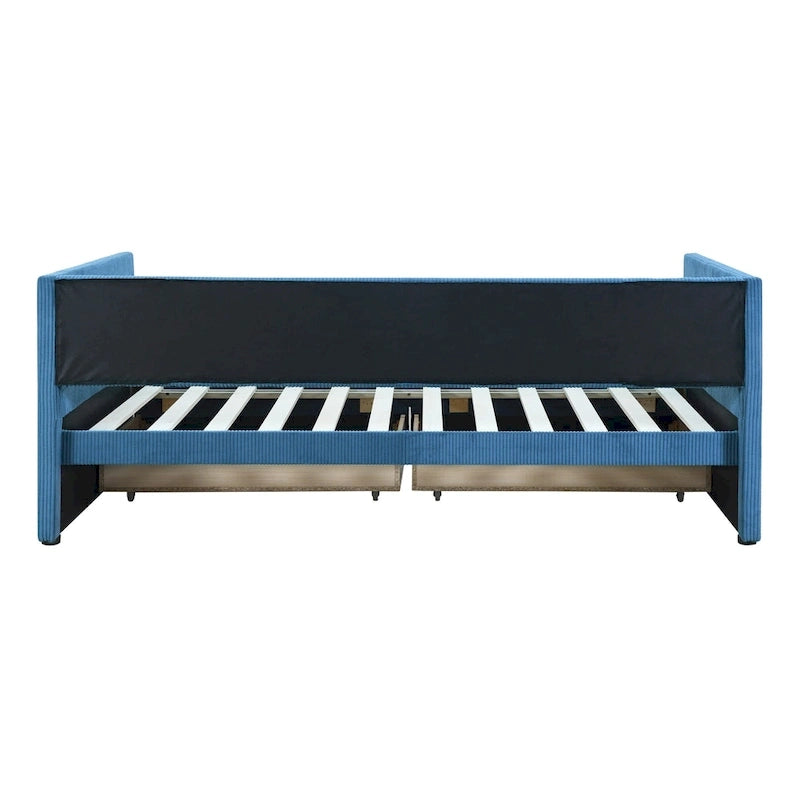 Lit de repos jumeau en velours côtelé rose/bleu/gris/beige avec 2 tiroirs, pour 1 personne
