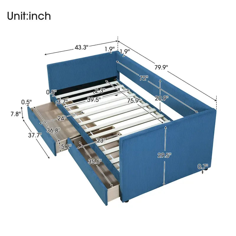 Lit de repos jumeau en velours côtelé rose/bleu/gris/beige avec 2 tiroirs, pour 1 personne