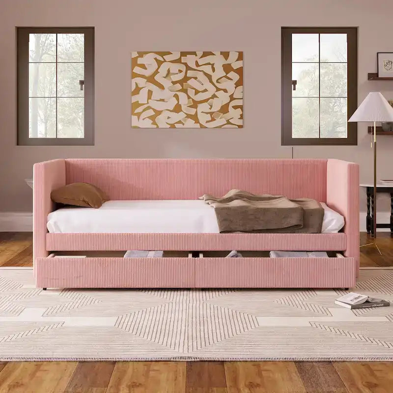 Lit de repos jumeau en velours côtelé rose/bleu/gris/beige avec 2 tiroirs, pour 1 personne