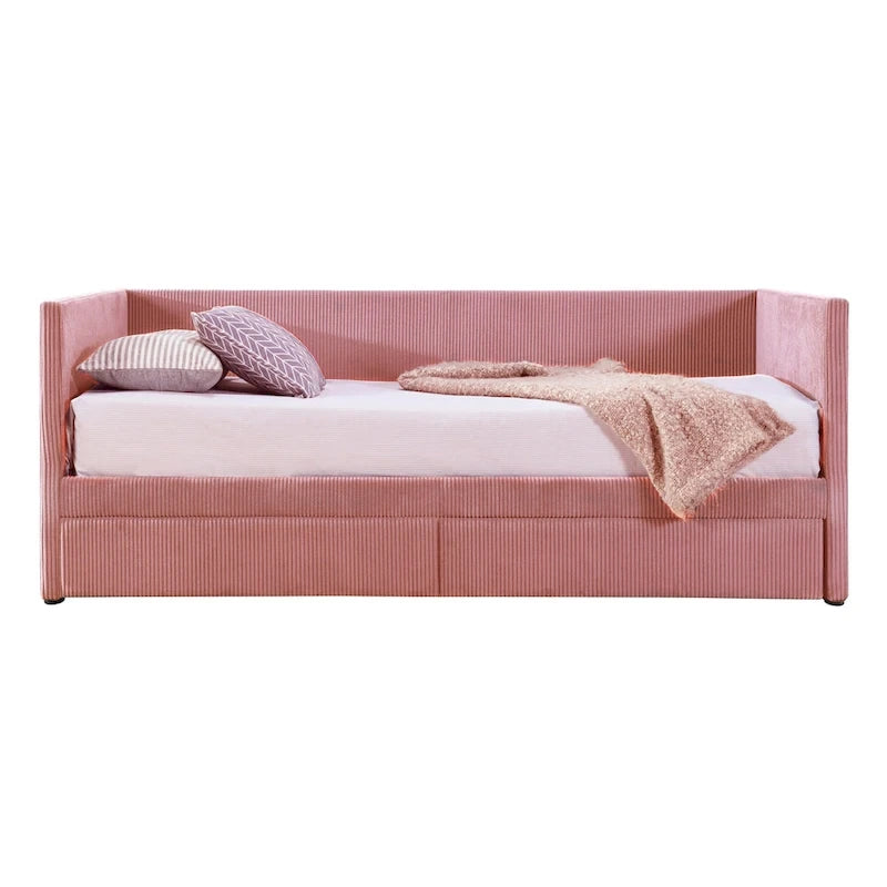 Lit de repos jumeau en velours côtelé rose/bleu/gris/beige avec 2 tiroirs, pour 1 personne