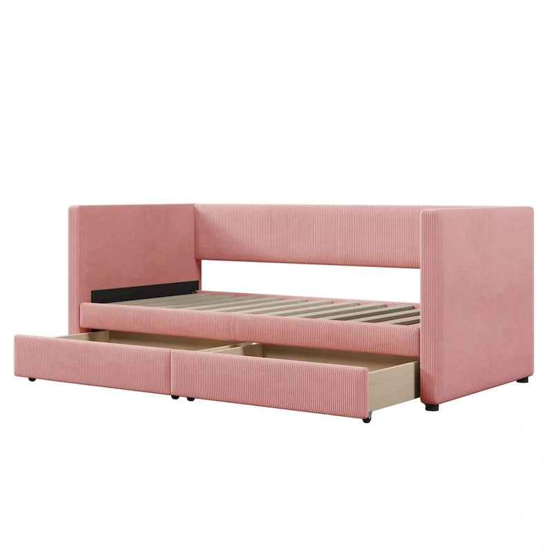 Lit de repos jumeau en velours côtelé rose/bleu/gris/beige avec 2 tiroirs, pour 1 personne