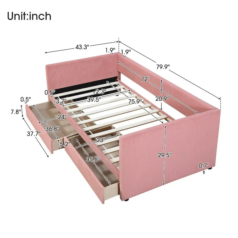 Lit de repos jumeau en velours côtelé rose/bleu/gris/beige avec 2 tiroirs, pour 1 personne