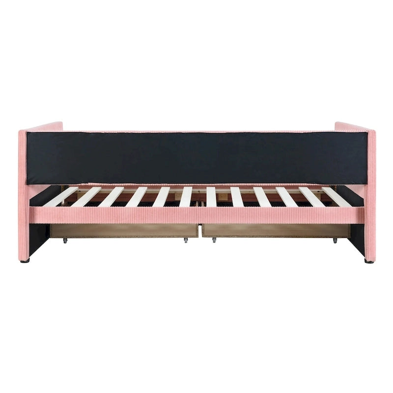 Lit de repos jumeau en velours côtelé rose/bleu/gris/beige avec 2 tiroirs, pour 1 personne