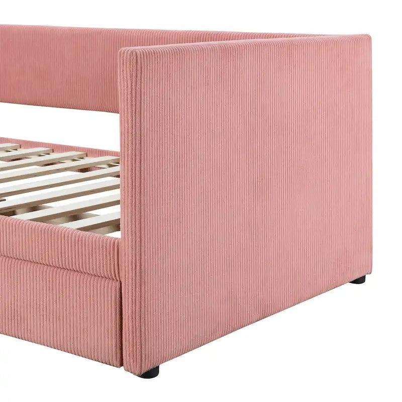 Lit de repos jumeau en velours côtelé rose/bleu/gris/beige avec 2 tiroirs, pour 1 personne