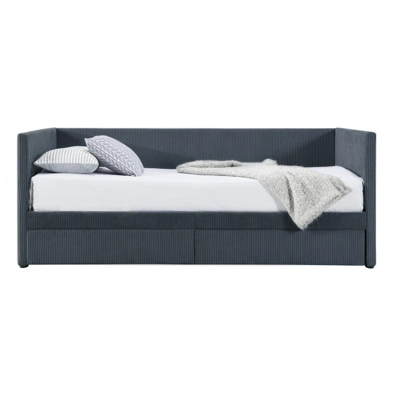 Lit de repos jumeau en velours côtelé rose/bleu/gris/beige avec 2 tiroirs, pour 1 personne