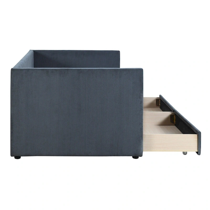 Lit de repos jumeau en velours côtelé rose/bleu/gris/beige avec 2 tiroirs, pour 1 personne