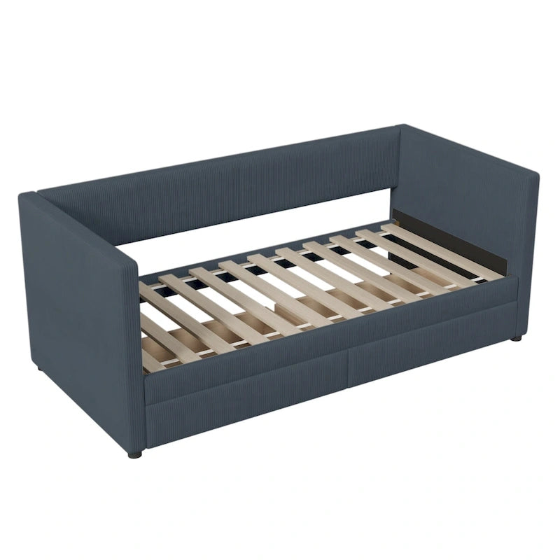 Lit de repos jumeau en velours côtelé rose/bleu/gris/beige avec 2 tiroirs, pour 1 personne