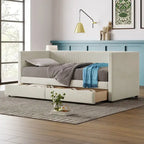 Lit de repos jumeau en velours côtelé rose/bleu/gris/beige avec 2 tiroirs, pour 1 personne