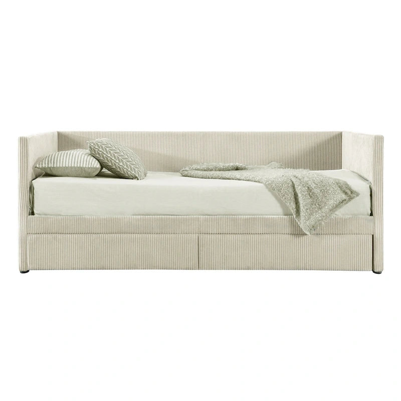 Lit de repos jumeau en velours côtelé rose/bleu/gris/beige avec 2 tiroirs, pour 1 personne
