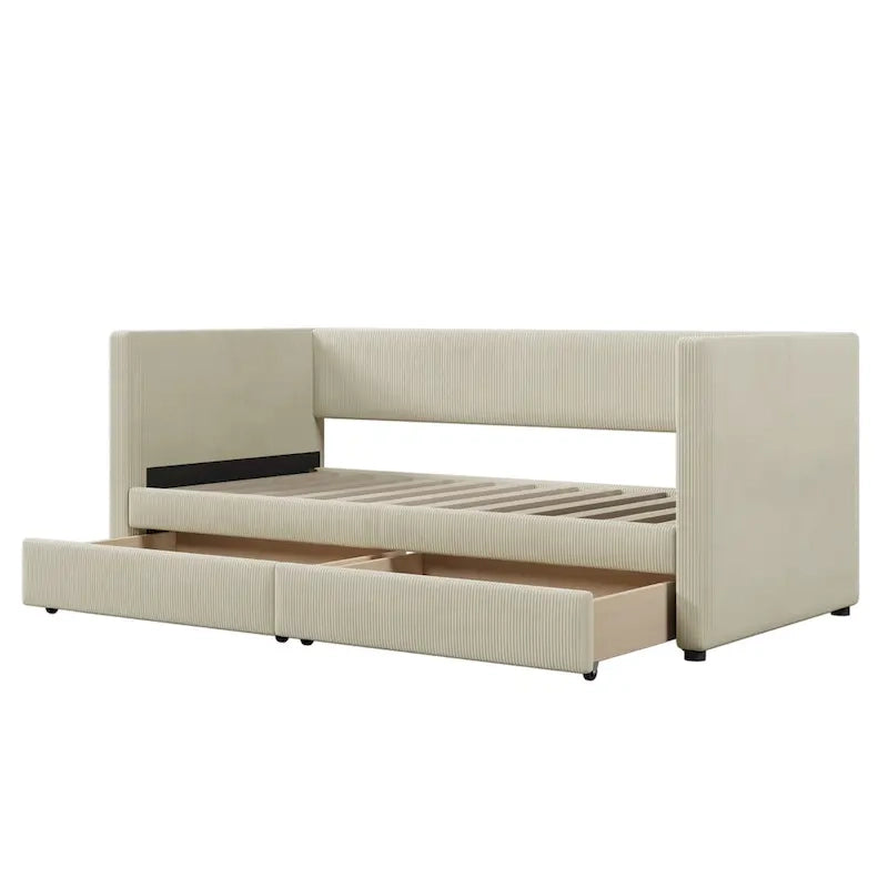 Lit de repos jumeau en velours côtelé rose/bleu/gris/beige avec 2 tiroirs, pour 1 personne