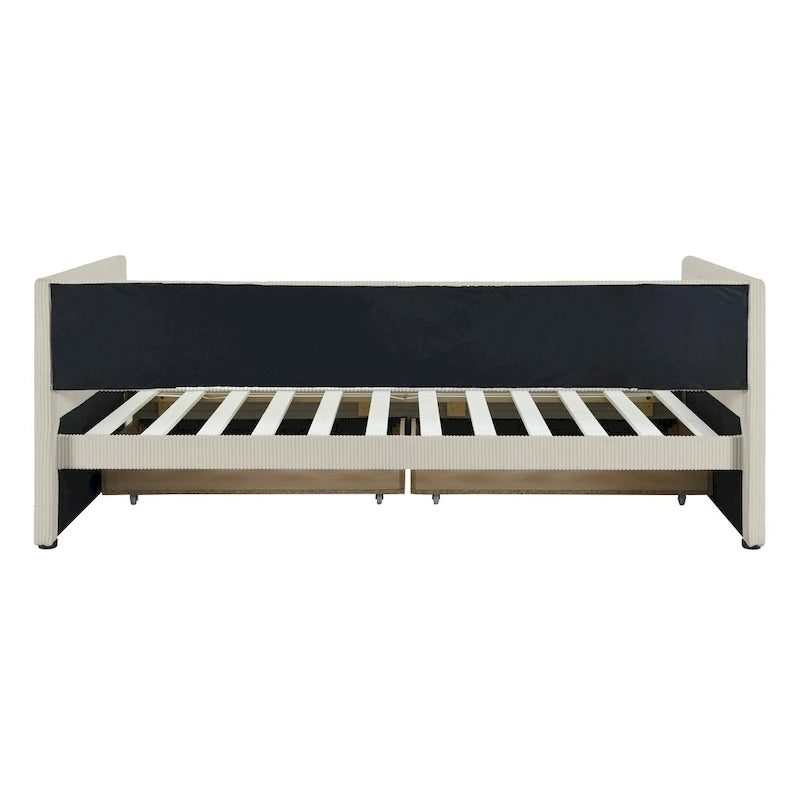 Lit de repos jumeau en velours côtelé rose/bleu/gris/beige avec 2 tiroirs, pour 1 personne