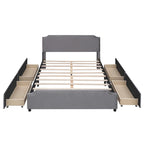 Lit plateforme Queen rembourré en velours gris/beige avec clous, 4 tiroirs, assemblage par 2 personnes