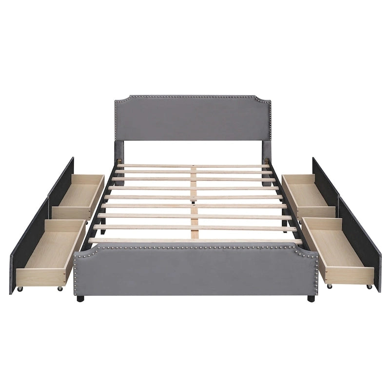 Lit plateforme Queen rembourré en velours gris/beige avec clous, 4 tiroirs, assemblage par 2 personnes