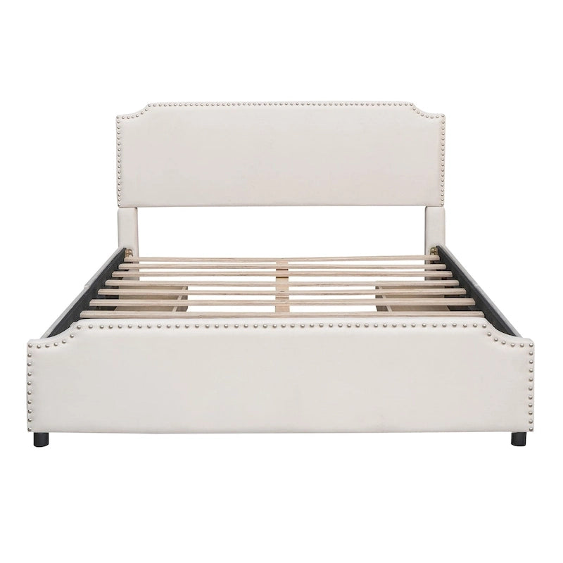 Lit plateforme Queen rembourré en velours gris/beige avec clous, 4 tiroirs, assemblage par 2 personnes