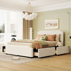 Lit plateforme Queen rembourré en velours gris/beige avec clous, 4 tiroirs, assemblage par 2 personnes