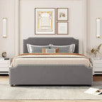 Lit plateforme Queen rembourré en velours gris/beige avec clous, 4 tiroirs, assemblage par 2 personnes